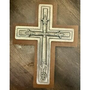 Vintage Fleur de Lis Metal Wood Wall Cross Gothic Religious Christian Decor 9"